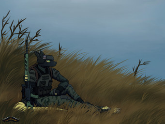 ambiguous_gender anthro armor autumn backpack balaclava body_armor bottomwear camo camo_bottomwear camo_clothing camo_print cigarette_box claws clothed clothing day detailed_background digitigrade fingerless_gloves footwear furgonomic_footwear furgonomic_headwear furgonomics gloves grass green_eyes gun handwear headgear helmet hillside holding_gun holding_object holding_ranged_weapon holding_rifle holding_weapon logo mask on_grass on_ground outside pattern_bottomwear pattern_clothing plant ranged_weapon rifle scope side_view sitting solo sweater tail tapering_tail toeless_footwear topwear weapon yellow_body cinderswaccoon project_silverfish inheritor lizard reptile scalie artist_logo hi_res