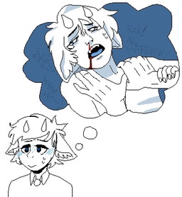 ahegao blood blush bodily_fluids clothed clothing fantasizing hair horn imagination looking_pleasured male masochism nosebleed open_mouth schelbi sex simple_background solo text thought_bubble animal_humanoid felid felid_humanoid feline feline_humanoid humanoid mammal mammal_humanoid 2019 aliasing digital_media_(artwork)