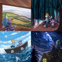 3_tails autumn blonde_hair blue_hair clothed clothing cloud day duo facial_hair field flower forest fur goatee green_hair hair kerchief lens_flare male male/male moon multi_tail night orange_hair plant purple_body purple_fur sea spring summer sun tail tree tundra water white_body white_fur winter crownedvictory ailurid bovid caprine goat mammal red_panda 1:1 2019 comic digital_drawing_(artwork) digital_media_(artwork) hi_res