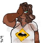 4_ears anthro big_breasts bodily_fluids breasts brown_body brown_fur brown_hair clothing fangs female fingers_in_hair fur green_eyes hair looking_away messy_hair multi_ear overweight print_clothing print_shirt print_t-shirt print_topwear shirt solo sweat t-shirt teeth topwear underbite yellow_teeth tanukidisaster_(artist) canid canine mammal raccoon_dog tanuki absurd_res hi_res