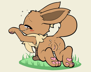 all_fours anus bite biting_lip blush blush_lines bodily_fluids brown_body brown_fur butt ear_tuft feet female feral fur genital_fluids genitals grass half-closed_eyes head_tuft heart_pawpads hindpaw looking_at_viewer looking_back looking_back_at_viewer multicolored_body multicolored_fur narrowed_eyes neck_tuft pawpads paws pink_pawpads plant presenting presenting_hindquarters raised_tail rear_view simple_background smile solo tail tan_body tan_fur teeth tuft vaginal_fluid_string vaginal_fluids vulva itsunknownanon nintendo pokemon eevee generation_1_pokemon pokemon_(species) 2022 5:4 digital_media_(artwork) hi_res