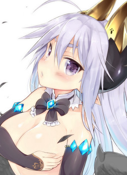 blush clothed clothing female horn jewelry looking_at_viewer not_furry purple_eyes solo topless wings mofuaki humanoid 2015