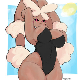 anthro big_breasts big_ears biped black_clothing black_leotard black_nose black_sclera blush border breasts brown_body brown_fur cleavage cleavage_overflow clothed clothing eyelashes female floppy_ears fur hands_behind_head heart_symbol leotard long_ears looking_at_viewer lop_ears navel_outline pink_eyes sky smile smiling_at_viewer solo strapless_clothing strapless_leotard sun swimwear tan_body tan_fur thick_thighs three-quarter_view white_border wide_hips magthender nintendo pokemon generation_4_pokemon generation_6_pokemon lopunny mega_evolution mega_lopunny pokemon_(species) 1:1 hi_res portrait shaded three-quarter_portrait
