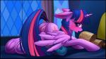 16:9 2017 anus bed_sheet bedding blush bodily_fluids butt dock_(anatomy) equid equine feathered_wings feathers female feral friendship_is_magic fur genital_fluids genitals hair hasbro hi_res hooves horn inside looking_at_viewer mammal mane multicolored_hair my_little_pony mythological_creature mythological_equine mythology open_mouth pillow purple_body purple_eyes purple_feathers purple_fur pussy scroll solo tail text twilight_sparkle_(mlp) underhoof vaginal_fluids wallpaper widescreen window winged_unicorn wings xn-dragon