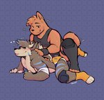 anthro blush bodily_fluids dry_humping duo grinding knee_pads lying male male/male on_front slightly_chubby slightly_chubby_anthro slightly_chubby_male sweat tail tail_motion tailwag text tongue tongue_out wrestling_briefs wrestling_gear tohfu brisky_(briskycoyote) tohfu_(tohfu) canid canine canis coyote domestic_dog mammal 2023 english_text hi_res