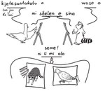 2_panel_comic ambiguous_gender anthro biped canvas creating_art duo feral holding_object holding_pen holding_pencil humor pen pencil_(object) quadruped realistic_feral semi-anthro text jan_ke_tami cc-by creative_commons kijetesantakalu_o lipu_tenpo kijetesantakalu_(kijetesantakalu_o) waso_(kijetesantakalu_o) avian bird columbid mammal pigeon procyonid raccoon comic constructed_language monochrome toki_pona_text translated