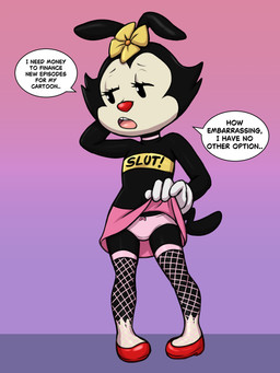 anthro biped black_body bottomwear clothed clothing clothing_lift dialogue eyebrows female fishnet_clothing flower front_view fur legwear loli panties plant simple_background skirt skirt_lift text thigh_highs underwear young vermelhatan animaniacs warner_brothers dot_warner inkblot 3:4 absurd_res hi_res