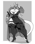 big_breasts breasts cleavage clothed clothing eyewear female footwear glasses high_heels legwear muscular muscular_female muscular_humanoid not_furry prosthetic prosthetic_hand shoes solo thick_thighs thigh_highs wide_hips osmar-shotgun elf humanoid absurd_res hi_res monochrome