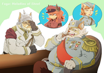 anthro armor brown_body brown_fur clothing duo facial_hair fur hair hat headgear headwear helmet male mature_male military_uniform mustache overweight pickelhaube uniform white_hair pla0net5lai8ka cyberconnect2 fuga:_melodies_of_steel little_tail_bronx colonel_pretzel commander_merlot canid canine caninu canis domestic_dog felid felineko mammal
