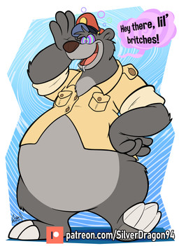 anthro belly big_belly bodily_fluids bottomless chest_tuft claws clothed clothing collared_shirt cross-eyed drooling fur gesture grey_body grey_fur head_tuft huge_belly hypnosis hypnotic_eyes male mind_control obese obese_anthro obese_male open_mouth open_smile overweight overweight_anthro overweight_male pilot_hat ringed_eyes saliva shirt simple_background smile solo speech_bubble standing text tight_clothing toe_claws topwear tuft waving soul-silver-dragon disney talespin the_jungle_book baloo bear mammal absurd_res english_text hi_res url