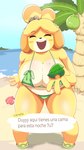 animal_crossing anthro beach bell big_breasts blush blush_stickers breasts canid canine canis clothing dialogue domestic_dog duyy_arte eyelashes eyes_closed female floppy_ears footwear front_view fur green_clothing green_footwear green_sandals green_swimwear hi_res holding_leaf huge_breasts isabelle_(animal_crossing) leaf leaf_(animal_crossing) lop_ears mammal markings mole_(marking) mole_on_breast nintendo open_mouth open_smile orange_body orange_fur sandals sea seashell shell shih_tzu shoes smile solo spanish_text swimwear talking_to_viewer text thick_thighs toy_dog translation_request water white_body white_fur wide_hips yellow_body yellow_fur