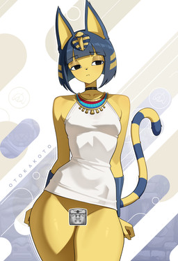 anthro black_eyes black_nose blue_body blue_fur blue_hair breasts choker clothed clothing dress eyelashes female front_view fur hair jewelry looking_at_viewer markings necklace no_underwear short_hair small_breasts solo striped_markings striped_tail stripes tail tail_markings thick_thighs uraeus white_clothing white_dress wide_hips yellow_body yellow_fur otokakoto animal_crossing nintendo ankha_(animal_crossing) domestic_cat felid feline felis mammal absurd_res censored hi_res