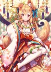 asian_clothing blonde_hair blush bottomwear clothed clothing dango_(food) east_asian_clothing female food footwear hair hakama haori japanese_clothing sandals shoes solo sakura_ani animal_humanoid canid canid_humanoid canine canine_humanoid fox_humanoid humanoid mammal mammal_humanoid 2020 hi_res