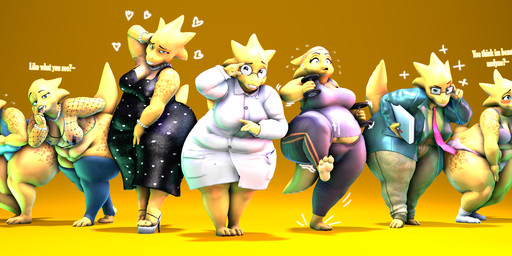 3_toes 4_fingers accessory anthro areola areola_slip band-aid band-aid_on_nipple bandage barefoot belly bent_over big_areola big_breasts bikini black_clothing black_dress blue_clothing blue_legwear blue_thigh_highs blush bodily_fluids bottom_heavy bottomless bottomless_anthro bottomless_female bottomwear bracelet breasts breath brown_bottomwear brown_clothing brown_pants buckteeth claws cleavage clothed clothing coat dialogue dress earpod electronics eyebrows eyewear feet female fingers fishnet_clothing fishnet_shirt fishnet_topwear footprint footwear gem glasses glistening glistening_body green_eyes grin grinning_at_viewer group hand_behind_back hand_on_leg hand_on_own_leg hand_on_own_thigh hand_on_thigh headband headphones heart_print heart_symbol high_heeled_sandals high_heels holding_weights huge_hips huge_thighs index_to_index jewelry lab_coat legwear looking_at_viewer motion_lines navel necklace necktie nerd nervous nervous_smile non-mammal_breasts non-mammal_navel one-piece_swimsuit open_mouth overweight overweight_anthro overweight_female panting pants pawprint pearl_(gem) pearl_bracelet pearl_necklace pink_necktie purple_bikini purple_bottomwear purple_clothing purple_pants purple_shirt purple_swimwear purple_topwear raised_eyebrow raised_inner_eyebrows rectangular_glasses red_headband round_glasses sandals scales scientist shirt shoes shy simple_background smile smiling_at_viewer smug socks soles sparkles sportswear square_crossover sweat sweatdrop swimwear tail talking_to_viewer teal_clothing teal_one-piece_swimsuit teal_shirt teal_swimwear teal_topwear teeth text thick_thighs thigh_highs tilde_after_text toeless_thigh_highs toes tongue tongue_out topwear two-piece_swimsuit wearing_glasses white_clothing white_footwear white_high_heels white_socks wide_hips yellow_background yellow_body yellow_scales warmbread twilightv0ids_(modeler) undertale_(series) alphys reptile scalie 3d_(artwork) digital_media_(artwork) english_text hi_res source_filmmaker_(artwork)