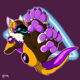 4_toes anthro blush brown_body brown_fur claws feet foot_fetish foot_focus fur gesture hand_gesture machine male orange_body orange_fur pawpads paws pointing purple_pawpads simple_background sitting solo toes alonsocas15 protogen 1:1 digital_media_(artwork)