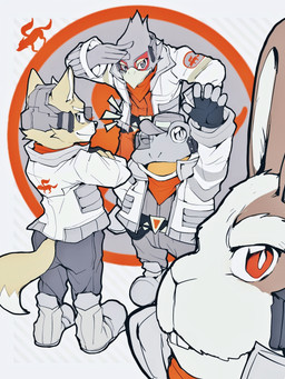 5_fingers anthro biped boots border bottomwear clothing crossed_arms dipstick_tail fingerless_gloves fingers fluffy fluffy_tail footwear fur gloves group handwear jacket kerchief logo looking_at_viewer looking_back looking_back_at_viewer male markings neckerchief neckwear one_eye_closed pants pattern_background shoes simple_background smile smiling_at_viewer standing starfox_logo tail tail_markings teeth topwear white_border wink winking_at_viewer superstaryoshi6 nintendo star_fox falco_lombardi fox_mccloud peppy_hare slippy_toad amphibian avian bird canid canine fox frog lagomorph leporid mammal rabbit red_fox true_fox 2025 3:4 digital_drawing_(artwork) digital_media_(artwork) flat_colors hi_res monochrome procreate_(artwork) restricted_palette