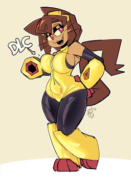 anthro big_breasts biped black_clothing black_eyeshadow breasts brown_hair brown_tail clothed clothing directional_arrow eyeshadow female front_view fully_clothed hair hand_on_hip makeup navel_outline open_mouth open_smile pink_eyes pupils simple_background smile solo standing tail text tight_clothing unitard whiskers white_pupils yellow_clothing buxy gameoverse glitch_productions kit_bodega domestic_cat felid feline felis mammal 2026 absurd_res artist_name dated digital_drawing_(artwork) digital_media_(artwork) english_text hi_res