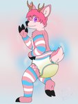 ambiguous_gender anthro antlers arm_warmers armwear bodily_fluids brown_antlers clothed clothing diaper eyelashes eyes_closed fur genital_fluids hair hoof_hands hooves horn leg_warmers legwear lgbt_pride looking_at_viewer male one_eye_closed pink_body pink_eyes pink_fur pink_hair pink_spots pride_colors simple_background solo spots tongue transgender_pride_colors unclean_diaper urine used_diaper wearing_diaper wet_diaper wink winking_at_viewer fennecat deer mammal 1:1 absurd_res hi_res watermark