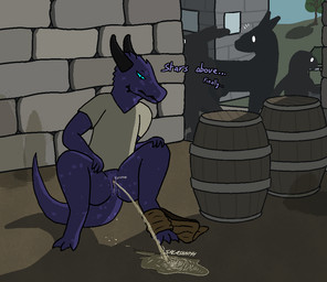 ambiguous_gender anthro barrel black_horn blue_eyes bodily_fluids bottomwear bottomwear_around_one_leg bottomwear_down clitoris clothed clothing clothing_around_one_leg crouching feet female female_focus genital_fluids genitals group horn looking_down omorashi onomatopoeia outside pants pants_around_one_leg pants_down partially_clothed peeing peeing_on_ground public_indecency public_urination purple_body shirt silhouette solo_focus sound_effects text topwear urine urine_on_ground urine_stain vulva fogspot constellation_kobold ambient_dragon kobold reptile scalie aliasing digital_media_(artwork) english_text shaded