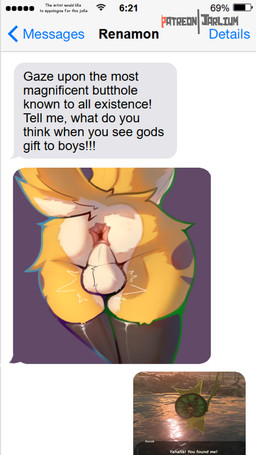anthro anus backsack balls butt clothing femboy genitals humor legwear male male_anthro solo text thigh_highs jarlium bandai_namco breath_of_the_wild digimon nintendo the_legend_of_zelda digimon_(species) korok renamon absurd_res colored_line_art english_text hi_res