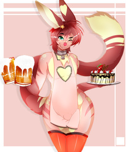 abstract_background anthro apron apron_only biped blue_eyes border cake candy chest_tuft chocolate clothing collar dessert dipstick_tail femboy food fruit fur hair heart_symbol legwear lock looking_at_viewer male markings mostly_nude multicolored_body multicolored_fur multicolored_tail one_eye_closed padlock padlocked_collar pink_body pink_fur plant red_hair red_tail simple_background smile solo standing star stockings strawberry tail tail_markings tan_body tan_fur tan_tail tuft two_tone_tail white_border wink theorangewolf berry_sorbet domestic_cat felid feline felis hybrid lagomorph leporid mammal rabbit 2016 absurd_res digital_media_(artwork) hi_res portrait three-quarter_portrait