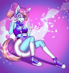 anthro big_diaper bottomwear clean_diaper clothed clothing diaper eyewear female footwear gesture goggles hair hand_gesture knee_highs knee_socks legwear long_socks pacifier pacifier_necklace ponytail shoes sitting sneakers socks underwear v_sign wearing_diaper arh country_curves_(oc) equid equine mammal