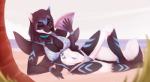 5_fingers anthro beach black_body black_fur black_hair black_nose breasts collar detailed_background eyebrows female fingers fur hair looking_at_viewer lying on_side outside seaside smile solo kristiana_puff snowy_(yuki-the-fox) canid canine hybrid mammal 2017 digital_media_(artwork)