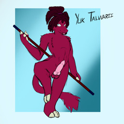 anthro balancing_on_foot blue_eyes bo_staff dreadlocks erection genitals gradient_background happy knot knotted_penis looking_at_viewer male maroon_fur nude penis pink_genitals simple_background solo tongue tongue_out templar_ponyboy yuk_talwarii chupadore 1:1 hi_res