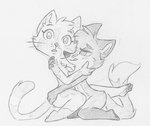 anthro butt butt_grab chest_tuft duo female female/female hand_on_butt hug kneeling leg_markings markings mischievous_smile nude pawpads paws simple_background socks_(marking) surprised_expression tuft whiskers white_background swiftcutter canid canine felid feline fox mammal monochrome traditional_media_(artwork)