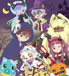 anthro female fur group hair hair_over_eyes holidays jack-o'-lantern male mummy_costume mummy_wrappings one_eye_closed wink yellow_body yellow_fur hamu_ym bandai_namco digimon digimon_ghost_game halloween angoramon_(ghost_game) gammamon_(ghost_game) hiro_amanokawa jellymon_(ghost_game) kiyoshiro_higashimitarai ruri_tsukiyono angoramon digimon_(species) espimon gammamon human humanoid jellymon mammal pumpkinmon