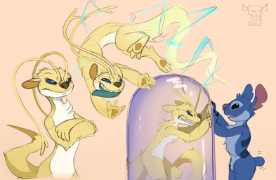 3_toes 4_fingers ambiguous_gender angry antennae_(anatomy) anthro arm_tuft back_markings biped black_eyes blue_eyes brown_nose brown_pawpads chest_tuft claws clenched_teeth crossed_arms dipstick_tail duo ears_down elbow_tuft electricity eye_contact feet finger_claws fingers flying forked_antennae fur glass long_antennae long_tail looking_at_another markings notched_ear pawpads pivoted_ears small_tail solo_focus tail tail_markings tail_motion tailwag teal_tongue teeth toes tongue tongue_out tuft white_body white_fur yellow_body yellow_fur antanariva disney lilo_and_stitch sparky_(lilo_and_stitch) stitch_(lilo_and_stitch) alien experiment_(lilo_and_stitch) 2025 colored_sketch hi_res sketch male_(lore)