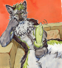 animal_genitalia animal_penis anthro arm_tuft balls black_body black_fur black_hair bodily_fluids canine_genitalia canine_penis chest_tuft erection front_view fur genital_fluids genitals green_eyes green_hair green_markings green_penis grey_balls grey_body grey_fur grey_sheath hair looking_at_viewer male markings mouth_closed multicolored_hair no_sclera nude penis precum precum_on_own_penis precum_on_penis presenting presenting_balls presenting_penis pupils retracted_sheath sheath shoulder_tuft sitting slit_pupils solo spread_legs spreading tuft two_tone_hair akatan_art canid canine canis domestic_dog german_shepherd herding_dog mammal pastoral_dog 2023 dated hi_res signature traditional_media_(artwork)