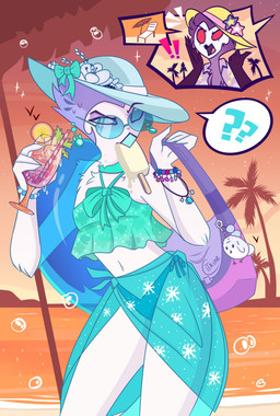 anthro beach beak beverage bikini bikini_bottom blue_eyes blue_hair clothed clothing dessert duo eating eating_food eyewear feathers femboy food hair hat headgear headwear ice_cream male outside sun_hat sunglasses swimwear two-piece_swimsuit white_body white_feathers citrine90 hellaverse helluva_boss andrealphus_(helluva_boss) stolas_(helluva_boss) avian bird galliform owl owl_demon peafowl phasianid absurd_res hi_res