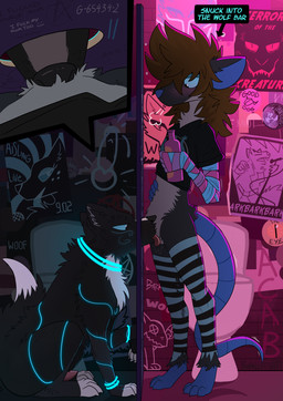 accidental_bestiality anthro bathroom bestiality beverage black_body black_fur blue_body blue_eyes blue_skin blue_tail blush blush_lines bottle brown_hair clothing container cunnilingus dipstick_tail duo erection female female_on_feral female_pov feral first_person_view fur genitals glory_hole glowstick grey_body grey_fur hair hand_on_belly holding_bottle holding_container holding_object leg_markings leggings legwear licking male male/female male_feral markings oral penis poster prosthetic prosthetic_arm prosthetic_limb public_restroom restroom_stall sex socks_(marking) tail tail_markings toilet tongue vaginal pankallisti alder_(alderdrack) circe_(pankallisti) canid canine canis mammal murid murine rat rodent wolf comic hi_res