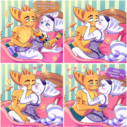 anthro bed bedroom blue_eyes clothed clothing dialogue duo ear_piercing eyewear eyewear_on_head feet female fluffy fluffy_tail fur furniture green_eyes hand_holding heart_symbol holding_face inside kiss_on_lips kissing male male/female nightgown panties partially_clothed piercing robotic_arm romantic romantic_ambiance romantic_couple sparkles tail text translucent translucent_clothing underwear white_body white_fur yellow_body yellow_fur manys_art insomniac_games ratchet_and_clank sony_corporation sony_interactive_entertainment ratchet_(ratchet_and_clank) rivet_(ratchet_and_clank) lombax mammal 1:1 comic hi_res