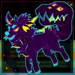 ambiguous_gender blue_body blue_skin chibi claws eyebrows feral living_tail long_tongue mane mawtail multi_eye neon slime slimy_tongue tail team_stardust tongue toothy_grin unusual_anatomy unusual_tail yellow_eyes greaserdemon artfight2024 canid canine mammal monster