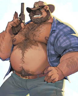 anthro barazoku beard belly big_belly body_hair bottomwear brown_body brown_fur clothed clothing facial_hair fur gun handgun hat headgear headwear looking_at_viewer male mature_male musclegut muscular navel nipples open_clothing open_shirt open_topwear overweight overweight_male pubes ranged_weapon revolver shirt solo topwear weapon tritscrits scruffy_(scruffybeast) bear brown_bear mammal ursine hi_res