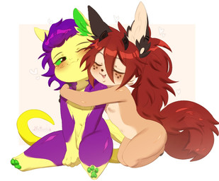 anthro blush breasts brown_body chibi duo fur hair male nude open_mouth pawpads purple_body smile tail tan_body tan_fur thick_thighs yellow_body yamorio mythology enes21 penta_(cum.cat) canid canine canis dragon fennec_fox fox mammal mythological_creature mythological_scalie scalie true_fox 2024