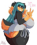 anthro big_breasts big_butt black_body black_fur blue_hair bottomwear breasts brown_body brown_fur butt clothing crop_top eyewear female fur gesture glasses hair hand_gesture huge_breasts huge_butt looking_at_viewer shirt shorts solo text thick_thighs topwear v_sign wide_hips jwinkz zoey_(jwinkz) canid canine canis domestic_dog mammal 2024 english_text hi_res