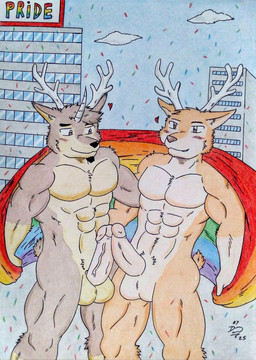 abs anthro antlers balls barazoku biceps black_nose brown_body brown_eyes brown_fur brown_nose city city_background cityscape confetti day erection facial_hair flag flag_(object) frottage fur genitals goatee holding_flag holding_object horn humanoid_genitalia humanoid_penis lgbt_pride male manly multicolored_body multicolored_fur muscular muscular_anthro muscular_arms muscular_male nude nude_anthro nude_male orange_body orange_fur outdoor_nudity outside pecs penile penis penises_touching pride_color_flag pride_colors public public_erection public_nudity rainbow_flag rainbow_pride_colors rainbow_symbol scut_tail sex short_tail six-stripe_rainbow_pride_colors tail text thick_penis unicorn_horn vein veiny_penis dashthefox lgbt_pride_month pride_month_2025 deer mammal 2025 absurd_res english_text hi_res traditional_media_(artwork)