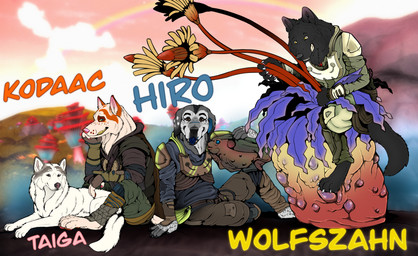 ambiguous_feral ambiguous_gender anthro armor black_body black_fur blue_eyes brown_eyes clothed clothing feral fur grey_body grey_fur grin group male male_anthro mouth_closed narrowed_eyes open_mouth outside sitting smile white_body white_fur yellow_eyes kodaac canid canine mammal hi_res