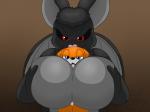 anthro between_breasts big_breasts breasts brown_background duo female fur hair licking male male/female nude red_eyes simple_background size_difference tongue tongue_out trapped wings wafflefox battyboo waffle_(wafflefox) bat canid canine fox mammal red_fox true_fox 4:3 digital_drawing_(artwork) digital_media_(artwork)