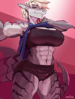 abs anthro barbell_piercing big_breasts blonde_hair bodily_fluids bottomwear breasts cleavage clothed clothing clothing_lift ear_piercing ear_ring eyebrow_piercing facial_piercing female hair lip_piercing lip_ring muscular muscular_anthro muscular_female navel navel_piercing non-mammal_breasts piercing ring_piercing shorts solo sweat sweat_stain sweaty_abs sweaty_face sweaty_legs mainlinemojo daria_(tunesdesu) aquatic fish shark 2021 3:4 absurd_res digital_media_(artwork) hi_res