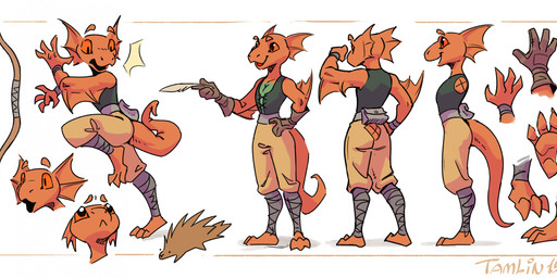 3_toes 4_fingers anthro barefoot bow_(weapon) claws clothed clothing feet female fin fingers furgonomics gloves handwear holding_object holding_quill legwrap loose_feather multiple_angles open_mouth pog_face quill ranged_weapon red_eyes sad simple_background solo tail toes topwear vest weapon tamlin123 bethesda_game_studios microsoft oblivion prequel_adventure the_elder_scrolls porcupine_dodger quill-weave argonian mammal porcupine reptile rodent scalie 2026 digital_media_(artwork) hi_res model_sheet