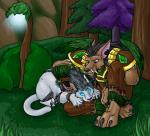 anthro armor cat_form claws clothed clothing druid duo female feral feral_druid fur hair magic_user male outside paws plant tail tree tribal_spellcaster amocin blizzard_entertainment druids_the_comic warcraft kinar_(amocin) canid canine canis mammal werecanid werecreature worgen worgen_(feral) 2010 digital_media_(artwork)