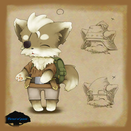 anthro backpack big_head bottomwear brown_body brown_fur chibi clothed clothing coat eye_patch eyes_closed eyewear front_view fully_clothed fur hair male scabbard sheathed_weapon short_hair shorts solo standing tail topwear j_(pixiv) pixiv_fantasia canid canine fox mammal 1:1 digital_media_(artwork) full-length_portrait headshot_portrait portrait