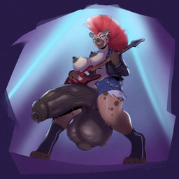 anthro balls big_balls big_penis bodily_fluids bottomwear breasts brown_balls brown_penis chain clothed clothing dripping ear_piercing electric_guitar erect_nipples female female_anthro foreskin fur genital_fluids genitals guitar gynomorph hair huge_balls huge_penis hyper hyper_balls hyper_genitalia hyper_penis intersex jacket low-angle_view mohawk musical_instrument nipples on_stage open_mouth penis piercing playing_guitar playing_music plucked_string_instrument precum precum_drip purple_eyes red_hair rock shorts simple_background smile solo string_instrument sweets topless topwear vein veiny_penis yellow_body yellow_fur noitro helena_daytona hyena mammal spotted_hyena 1:1 hi_res