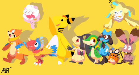 2_tails 3_fingers 3_toes anthro badge biped black_body black_nose black_skin black_tail blue_body blue_feathers book brown_body brown_ears brown_skin claws clothed clothing feathers feet fingers flying forehead_gem fur gem group holding_book holding_object long_ears long_tail looking_at_another multi_tail open_mouth orange_body orange_fur orange_tail red_body red_eyes red_skin red_talons simple_background size_difference sleeping sound_effects standing tail teeth text toes vowelless vowelless_sound_effect white_body white_claws white_skin wings yellow_background yellow_body yellow_feathers yellow_skin yellow_tail yellow_wings zzz fulgito_ast nintendo pokemon pokemon_mystery_dungeon spike_chunsoft aerial_explorer_archen archaeologist_mawile dashing_wanderer_ampharos marine_explorer_buizel ampharos archen buizel bunnelby dedenne fossil_pokemon generation_2_pokemon generation_3_pokemon generation_4_pokemon generation_5_pokemon generation_6_pokemon jirachi legendary_pokemon mawile pokemon_(species) riolu snivy swirlix 2025 artist_name hi_res