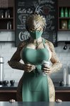 apron apron_only breasts claws clothing container cup duo face_mask female female_on_human hair looking_at_viewer male mask pen sandreiio predator_(franchise) starbucks alien human mammal yautja digital_media_(artwork) hi_res