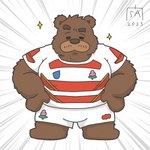 anthro bottomwear brown_body brown_fur clothing eyes_closed fur male rugby rugby_uniform shirt shorts simple_background solo topwear goyemon_k kumalino sanrio roast_(kumalino) bear mammal 1:1 2023